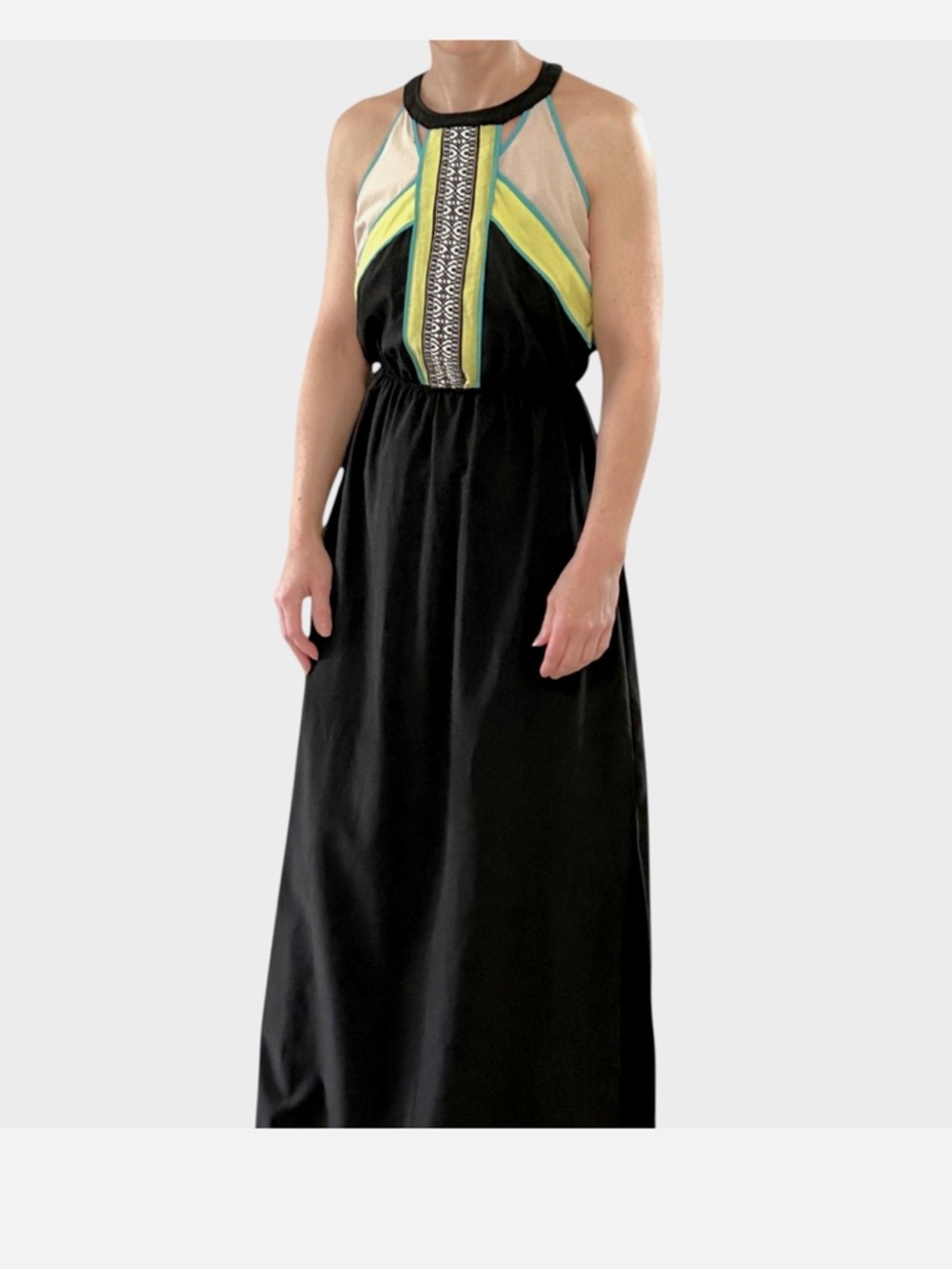 Studio Y sz XS extra small Black Maxi Dress colorblock elastic waist side slits